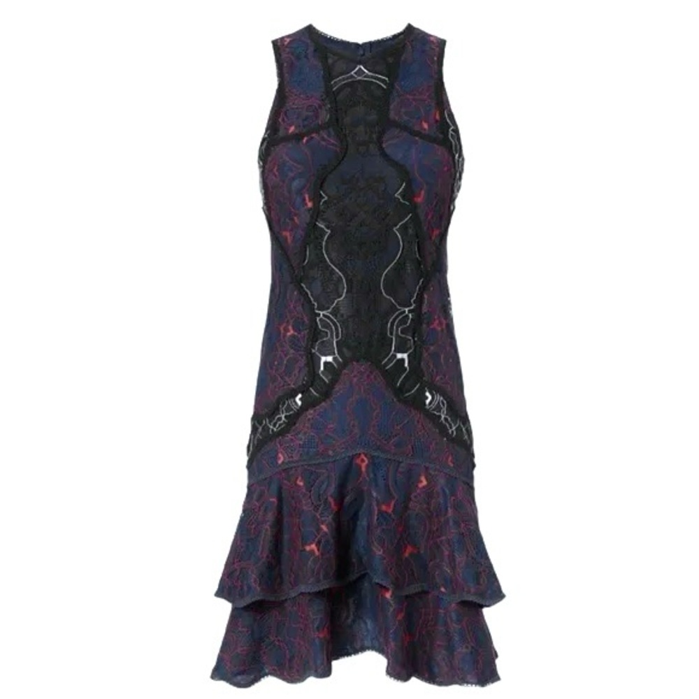 Jonathan Simkhai Two-Tone Lace Ruffle Hem Silk Lining Minidress in Navy Size 2